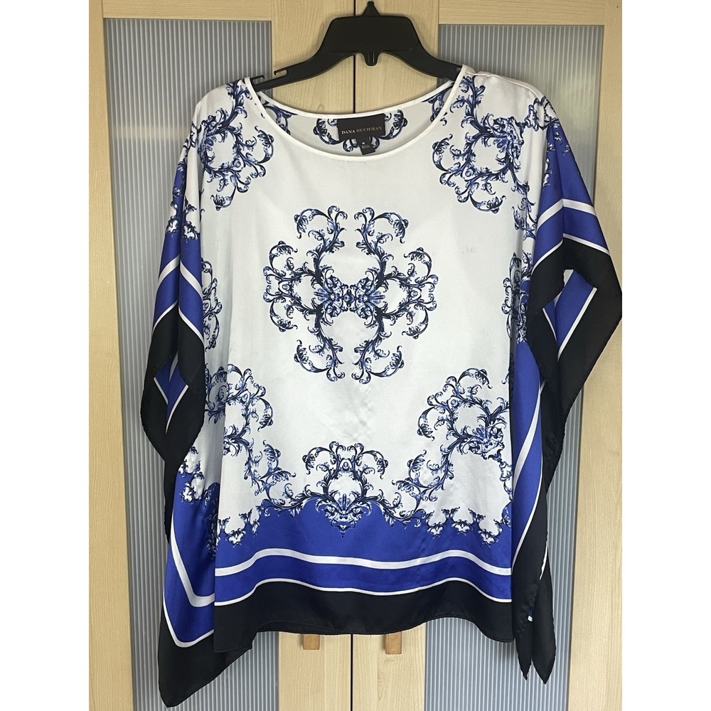 Dana Buchman White Blue Top Satin Blouse Women's Sz M Resort Party Career Boho